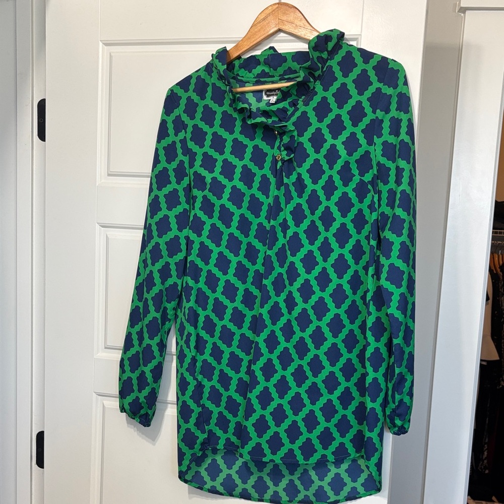 Mud Pie Green and Navy Geometric Blouse